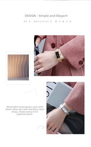 Close-up of elegant square quartz watches with gold and silver mesh bands on model wrist