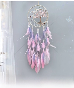 Detail of life tree dream catcher with pink crystal stones and soft feathers for wall decor