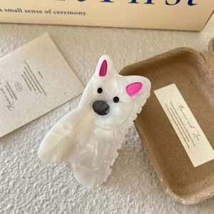 Cute bulldog animal hair claw clip made of pearlescent white acetate with pink ears