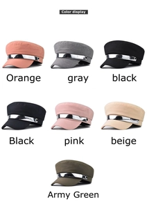 Color options of military-style baker boy caps featuring shiny silver metal trim