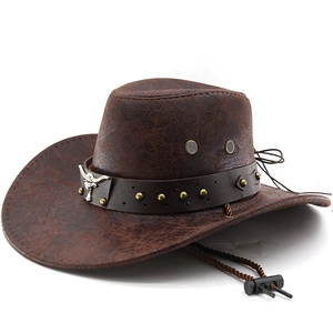 Dark brown PU leather western cowboy hat with metal bull head emblem and studded belt decor