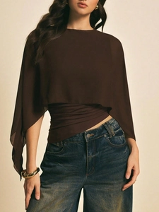 Chiffon top met cape-mouwen in espressobruin, losse pasvorm en ronde hals voor dames
