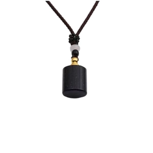 Polished black gemstone perfume bottle pendant with gold clasp on brown woven cord