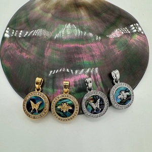 Round butterfly and bee pendants in 18K gold and silver plating with abalone shell inlay