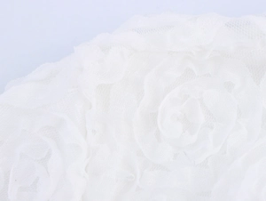 Détail macro du tissu en dentelle blanche avec des textures florales 3D superposées