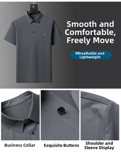 Detailed views of dark gray waffle knit polo shirt with business collar and smooth seams