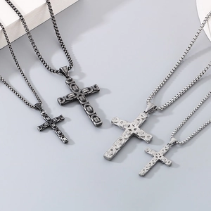 Retro stainless steel Byzantine chain with cross pendants in silver and black finishes