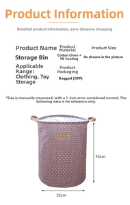Detail of purple polka dot cotton linen laundry hamper with drawstring and size specs
