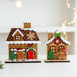 Felt gingerbread house Christmas desk ornaments with wooden base and holiday decor
