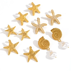 Marine style set of gold starfish studs and baroque pearl shell earrings for women