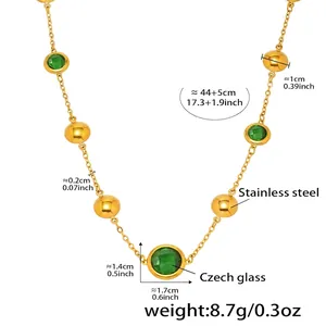 Detailed view of the gold stainless steel necklace with green Czech glass and size specs
