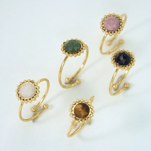Set of 5 vintage French style gold adjustable rings with colorful round natural stones