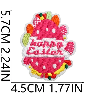 Detailed view of pink Happy Easter bunny embroidery patch with precise size measurements