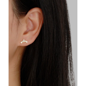 Elegant gold crown sterling silver stud earrings with zircon crystals worn on ear
