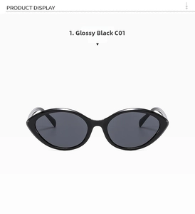 Detailed front view of bright black cat-eye sunglasses with dark grey lenses C01
