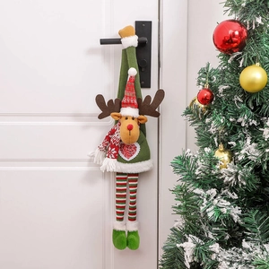 Christmas reindeer door handle hanger ornament with red and green stripes and long legs