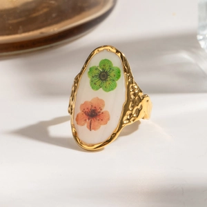 Adjustable Ring 18K Gold Plated Stainless Steel With Real Dried Flowers Resin Retro Pastoral Nature Jewelry For Women
