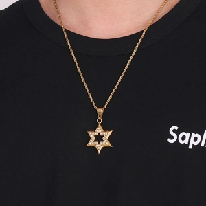 Hip hop 18K gold plated hexagram star pendant necklace with diamonds on a gold twist chain