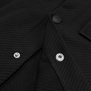 Macro detail of black twill fabric texture and silver snap button on men's jacket