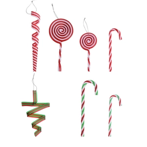Red and green Christmas candy ornaments set with lollipop and cane shapes for tree decor