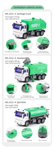 Detailed specs for garbage truck, sweeper, and sprinkler toy vehicles with size info