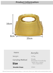 Detailed dimensions of gold acrylic evening clutch bag with hollow design and chain strap