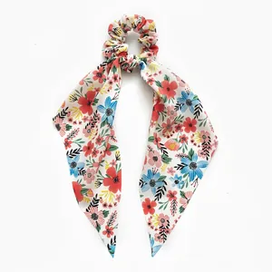 Floral chiffon scrunchie with long ribbons and colorful print for women's hairstyles