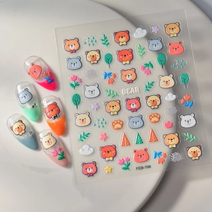 5D embossed nail art stickers featuring cute 3D kawaii bears and colorful flowers