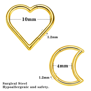 Surgical steel heart and moon ear cartilage rings with hypoallergenic safety coating