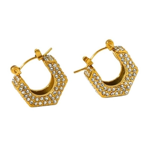 Luxurious 18k gold plated stainless steel hexagonal hoop earrings with white crystals