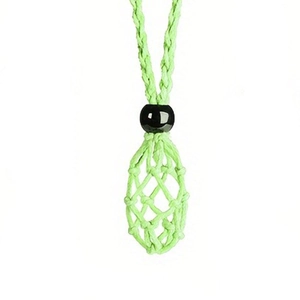 Detail of light green hand-woven crystal cage necklace holder with adjustable bead