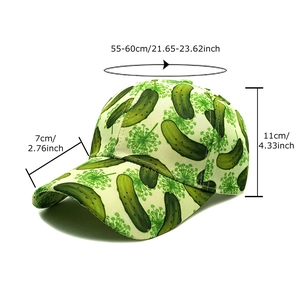 Cream baseball cap with green cucumber pattern showing size measurements and rear view