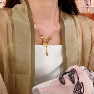 New Chinese Style Flower Tassel Necklace Real Gold Plated Copper Oriental Vintage Elegant Jewelry For Women