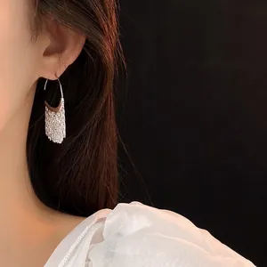 Silver C-shaped tassel hook earrings with matte metallic fringe on female model