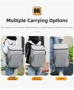 Détail du sac à dos isotherme montrant trois modes de transport: à main, à l'épaule ou au dos