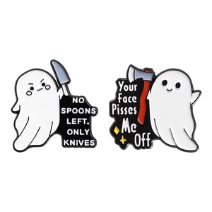 Funny Halloween white ghost enamel pins with knife and axe on white background
