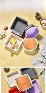 Detail view of round and square food-grade silicone cake pans in various colors