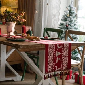Christmas Table Runner Jacquard Red White Reindeer Snowman Santa Claus Tassels Holiday Dining Room Table Decoration