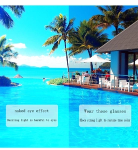 Polarized lens effect showing anti-glare function and true color restoration in sunny pool area