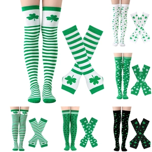 St Patricks Day Socks And Arm Warmers Polyester Clover Pattern Over Knee Thigh High Striped Irish Party Accessories
