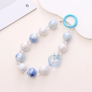Blue and white beaded phone charm with heart crown pendant and blue clip hook