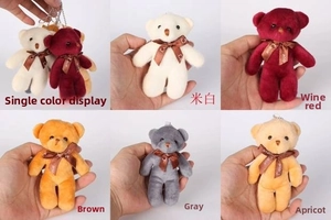 Mini plush bear charms in five colors with silver bead chains and Love printed bows