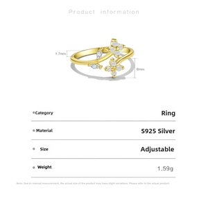 Detail view of gold S925 silver adjustable flower ring with 6mm height and 1.7mm thickness