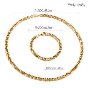 Detailed specs for gold stainless steel Cuban link necklace and bracelet set 6.5mm