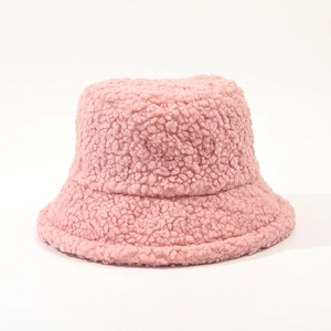 Detailed view of the soft pink lambswool texture on this warm winter bucket hat