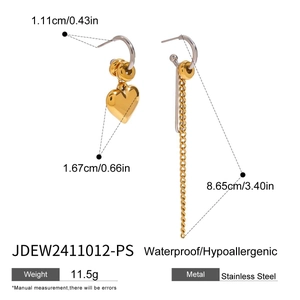 Detailed dimensions of asymmetrical heart tassel earrings in gold stainless steel