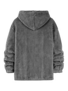 Rear view of dark grey hoodie showing premium fuzzy fleece texture and thick hood detail