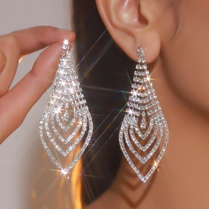 Elegant silver long drop earrings with dazzling rhinestones in a geometric layered design