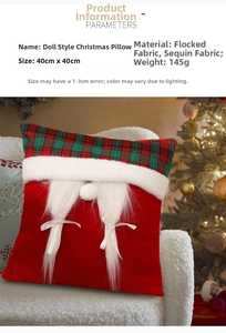 Detail of Christmas gnome pillow with red sequins and 40x40cm dimension specs