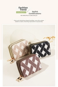 Detail of woven texture accordion card wallets with double zippers in three colors